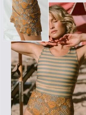 Albion Striped and Floral High-Waist One-Piece Swimsuit & Matching Swim Skirt.